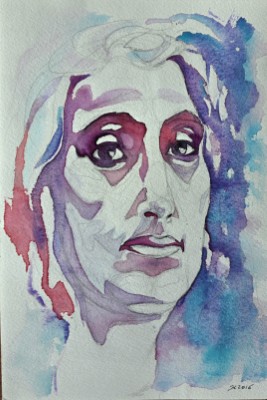Abstrahiertes Aquarellportrait einer Frau in kontrastreichen und expressiven Farben